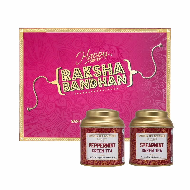 Image of Sancha Tea Boutique, Rakhi Gift Hamper, Premium Rakhi Gift Box, Peppermint Tea, Spearmint Tea & Handmade Kundan Rakhi, Rakhi Gift or Brother & Rakhi Gift for Sister