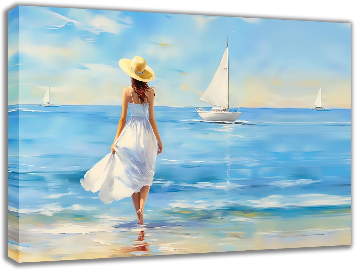 MODOJOART Sea Beach Canvas Wall Art, Girl in A White Dress at the Seaside Painting Poster Relaxing Coastal Seascape Picture Print for Bedroom Study Decor(Artwork-03, 18"x12")