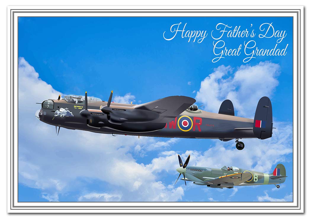 Stunning Happy Fathers Day cards - Cool Unusual Unique Vector Art - Dad Son etc (Great Grandad Card - Lancaster & Spitfire Airplane)