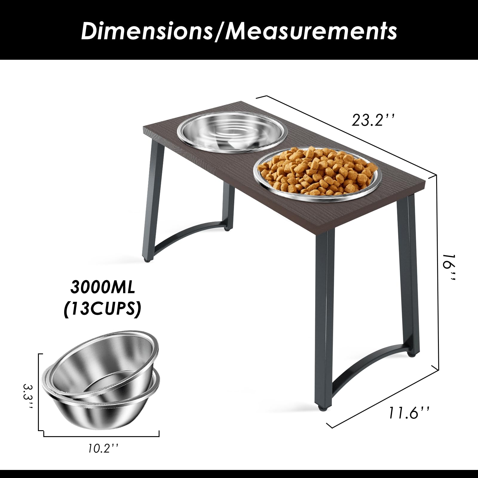 Cuencos elevados para Perros extragrandes con 2 Cuencos de Acero Inoxidable extragrandes, 3000 ml, Soporte Elevado de 16.5 Pulgadas de Alto, Cuencos de Comida y Agua para Razas Grandes, Perros