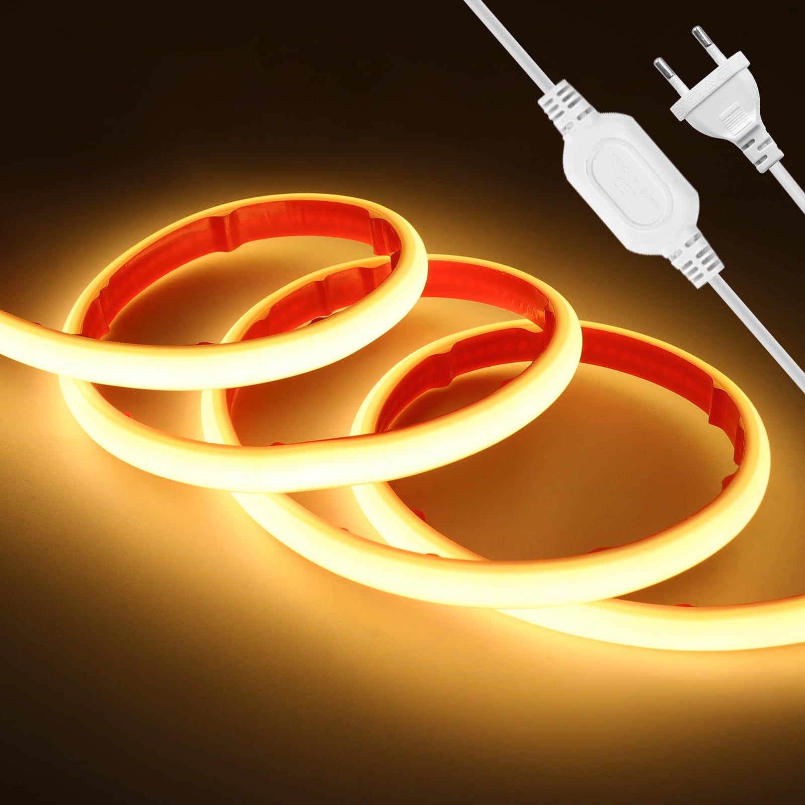 220V COB LED Neón Tira [50m,Blanco Cálido 3000-3500K]，288 LEDs/m Tira LED FCOB Cortable CRI85+，IP65 estanco flexible，Hogar/Tienda de iluminación decorativa