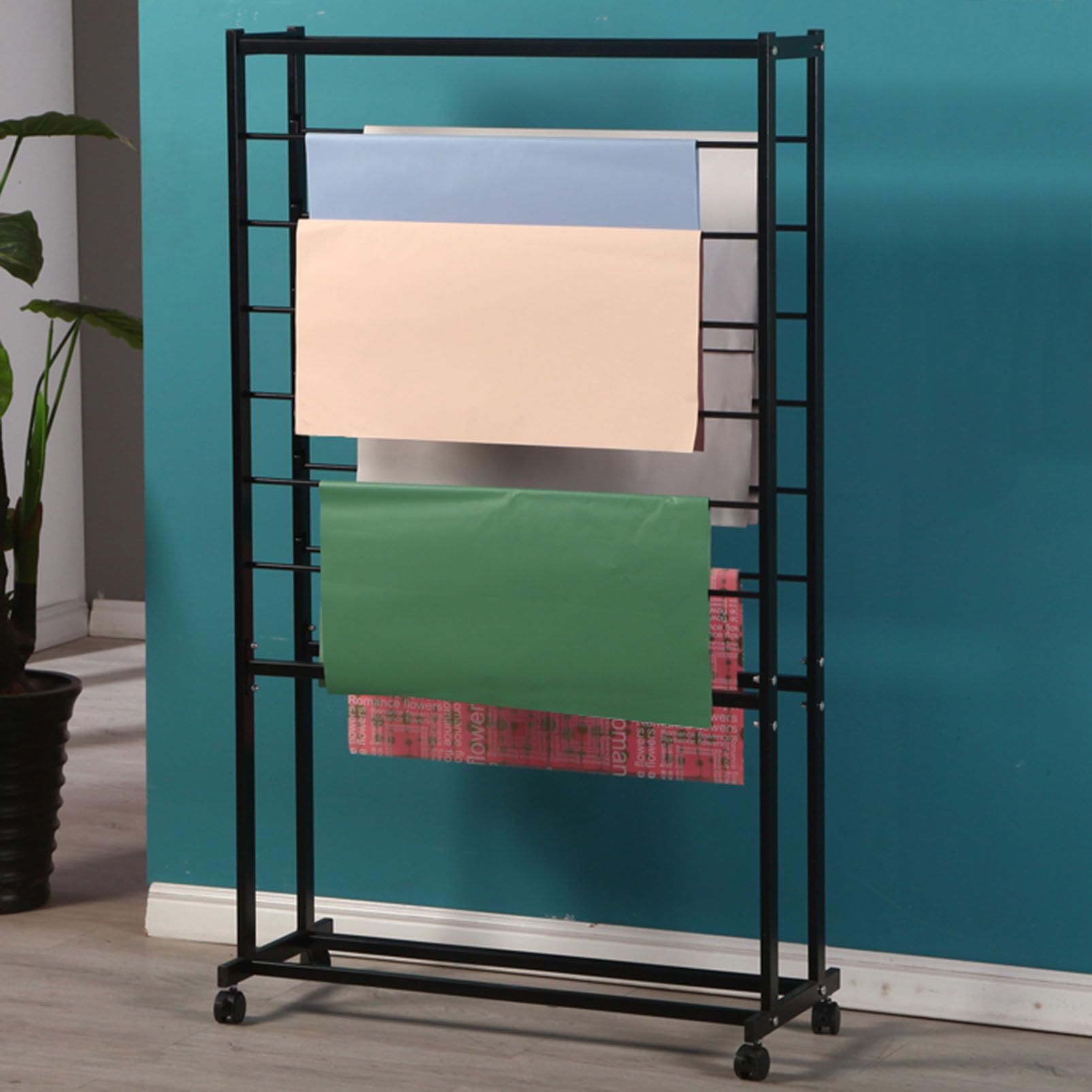 Ribbon Organizer Gift Wrapping Paper Holder Stand Bracket, Craft Room Metal Ribbon Storage Cart with Wheels, Scarf Rack Crafts Items Display Stand Towel Rack, Sewing Stand Organizer