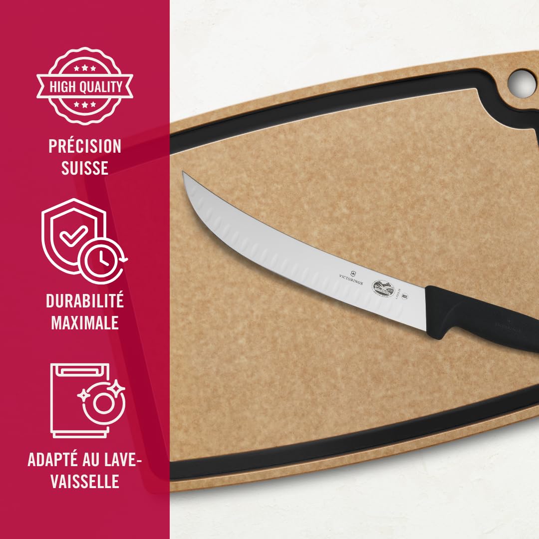 Victorinox Fibrox Couteau cimeterre avec lame alvéolée, Couteau de boucher tranchant pour gros morceaux de viande, 25 cm, Lame incurvée, Inox, Noir