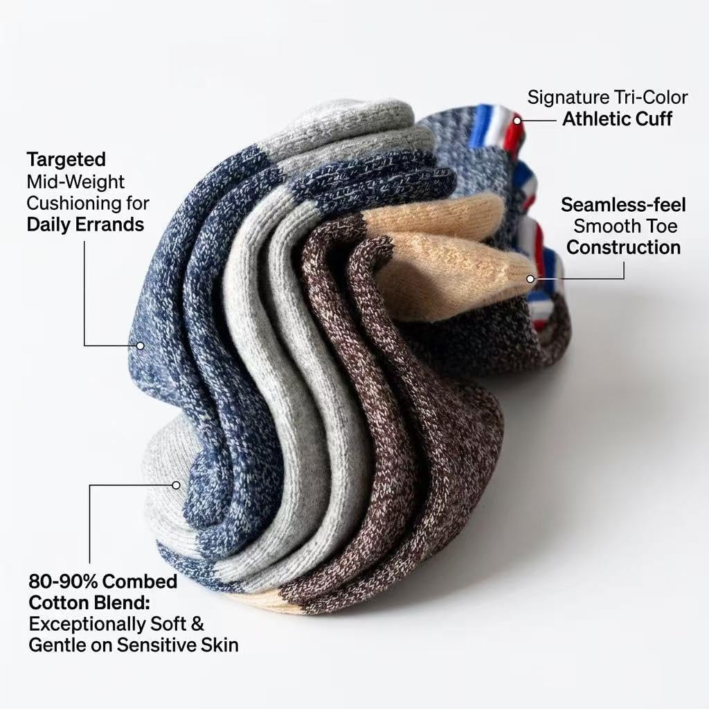 3-Pack 80-90% Combed Cotton Crew Socks, Non-Binding Stay-Up Cuff, Daily Comfort Cushioned Sole for Impact Protection, Breathable & Skin-Friendly, Year-Round Wear for Seniors