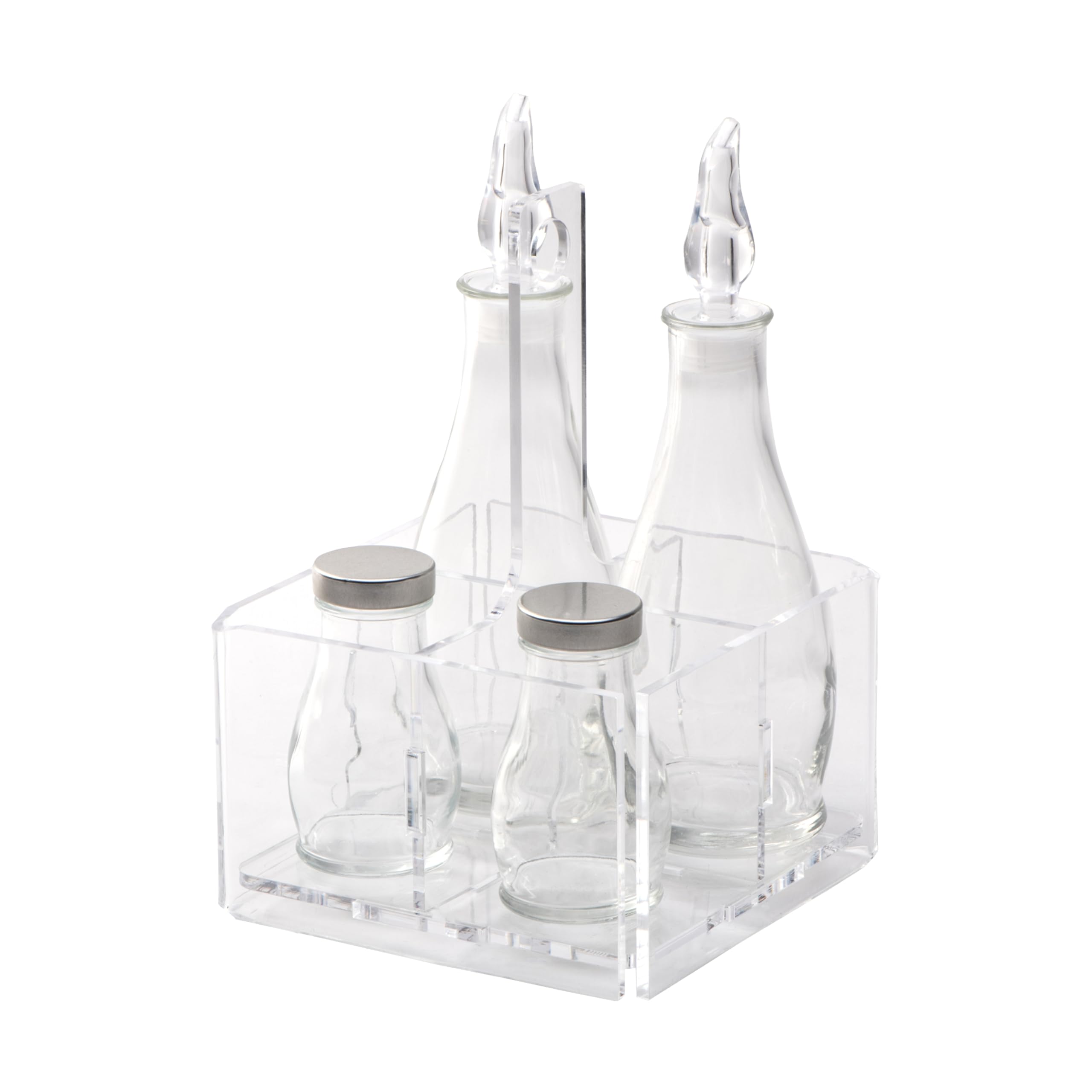LINEE Recanati MEDITERRANEA Menage – Set Condimenti Porta Olio Aceto Sale Pepe in PMMA e Vetro 17x17x23 cm – Design Decorativo da Tavola – Made in Italy (Trasparente)
