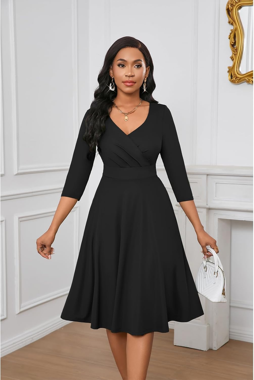 Womens Summer Dress 3/4 Sleeves V Neck 1950s Retro Vintage Wedding Cocktail Party Swing Flowy Wrap Midi Dresses - Image 2