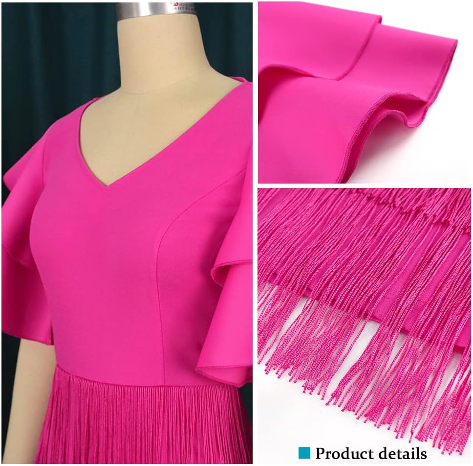 AOMEI Women's Rose V Neck Ruffles Sleeve Patchwork Fringe Tiered Midi Dress - Image 2