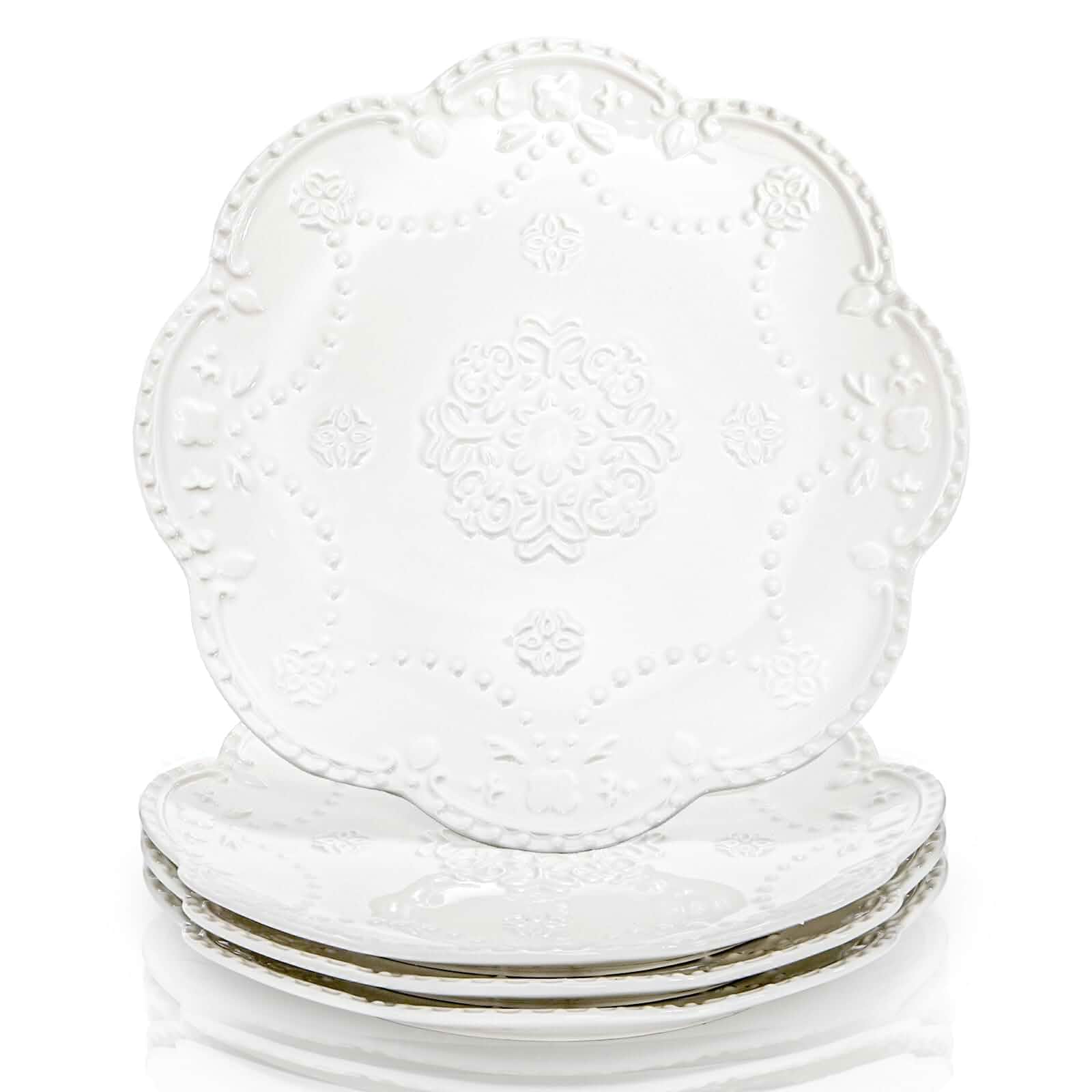 Tebery Set of 4 Ceramic Dinner Plate, 10.5 Inch Large Embossed Lace Salad Serving Plates, Elegant Appetizer Dessert Dishes for Wedding, Party, Restaurant, Kitchen, Microwave Dishwasher Safe, White Ceramic