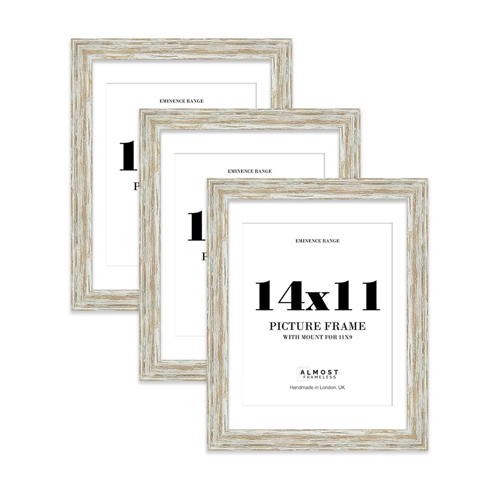 14x11" Distressed White Oak Picture Frame with 11x9" Mount - Aged Photo Frame with Distressed Finish, Wall Hooks and Kickstand, 32mm Edge - 3 Pack