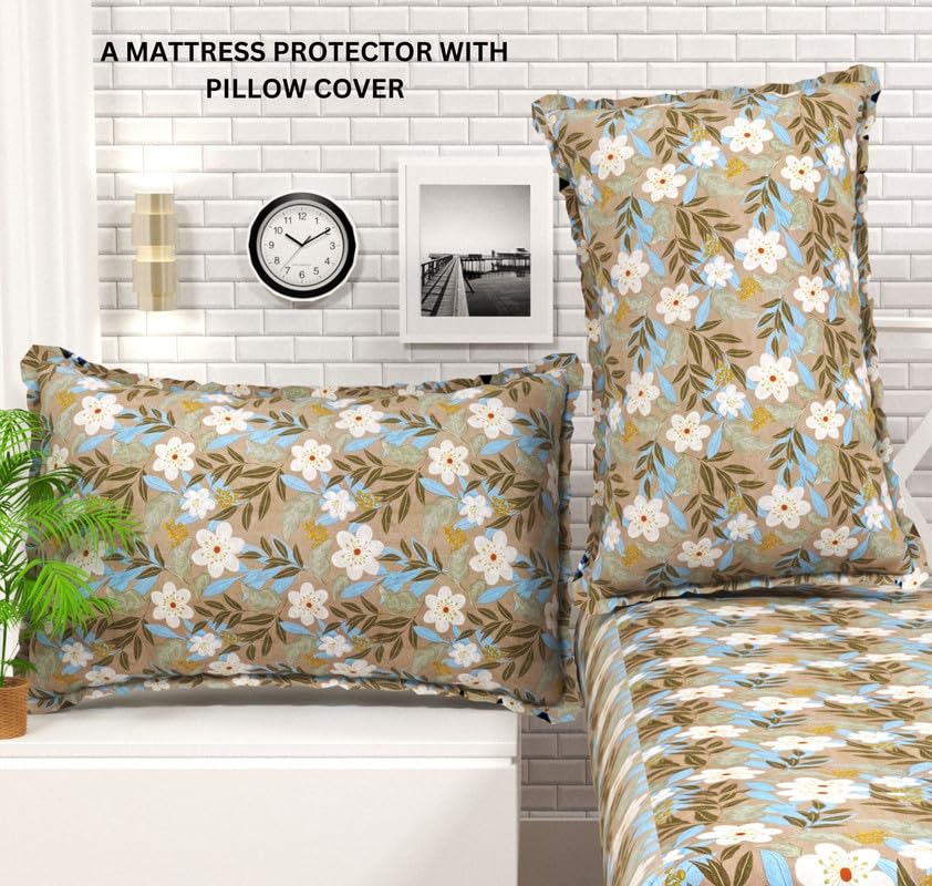 Image of HOMEKART Waterproof Fitted Bedsheet for King Size 78x72+10 inch | Leakproof, Noiseless, Skin-Friendly | Elastic Bed Sheet with 2 Pillow Covers | Dustproof & Breathable -Green & White