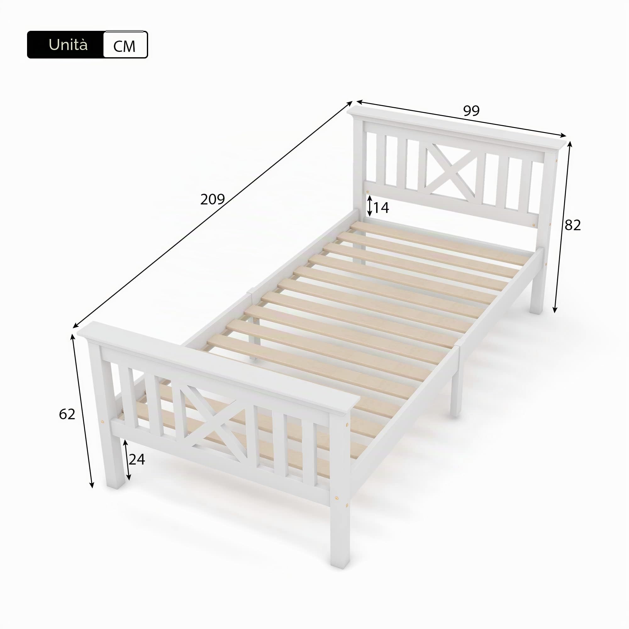 Merax Letto singolo in legno massello 90 x 200 cm, letto in legno con testiera e rete a doghe, struttura in stile rustico, letto per ragazzi e ragazzi, in pino massiccio, solo struttura del letto,