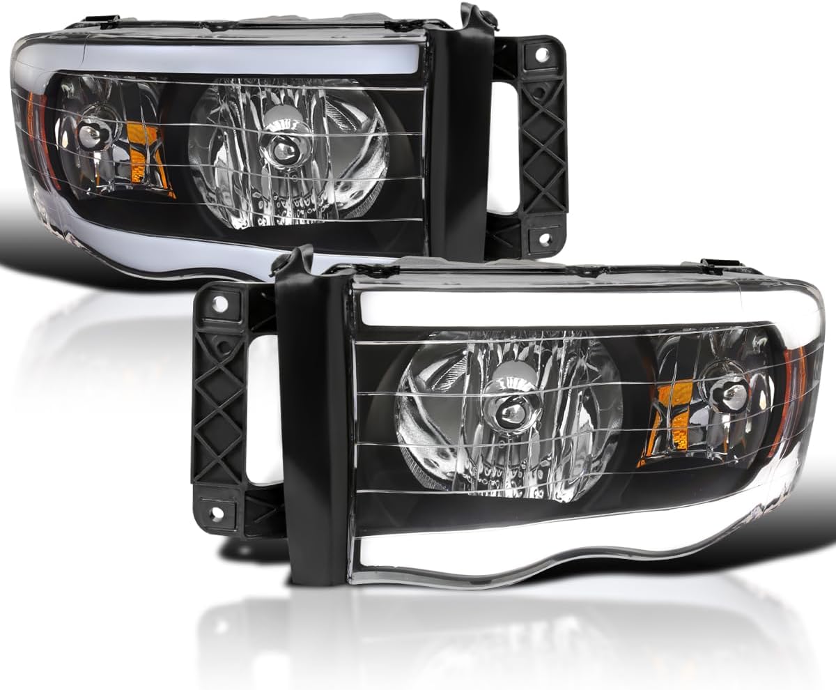 SPEC-D TUNING Black LED Tube Headlights Compatible with 2002-2005 Dodge Ram 1500, 2003-2005 Ram 2500/3500, Left + Right Pair Headlamps Assembly