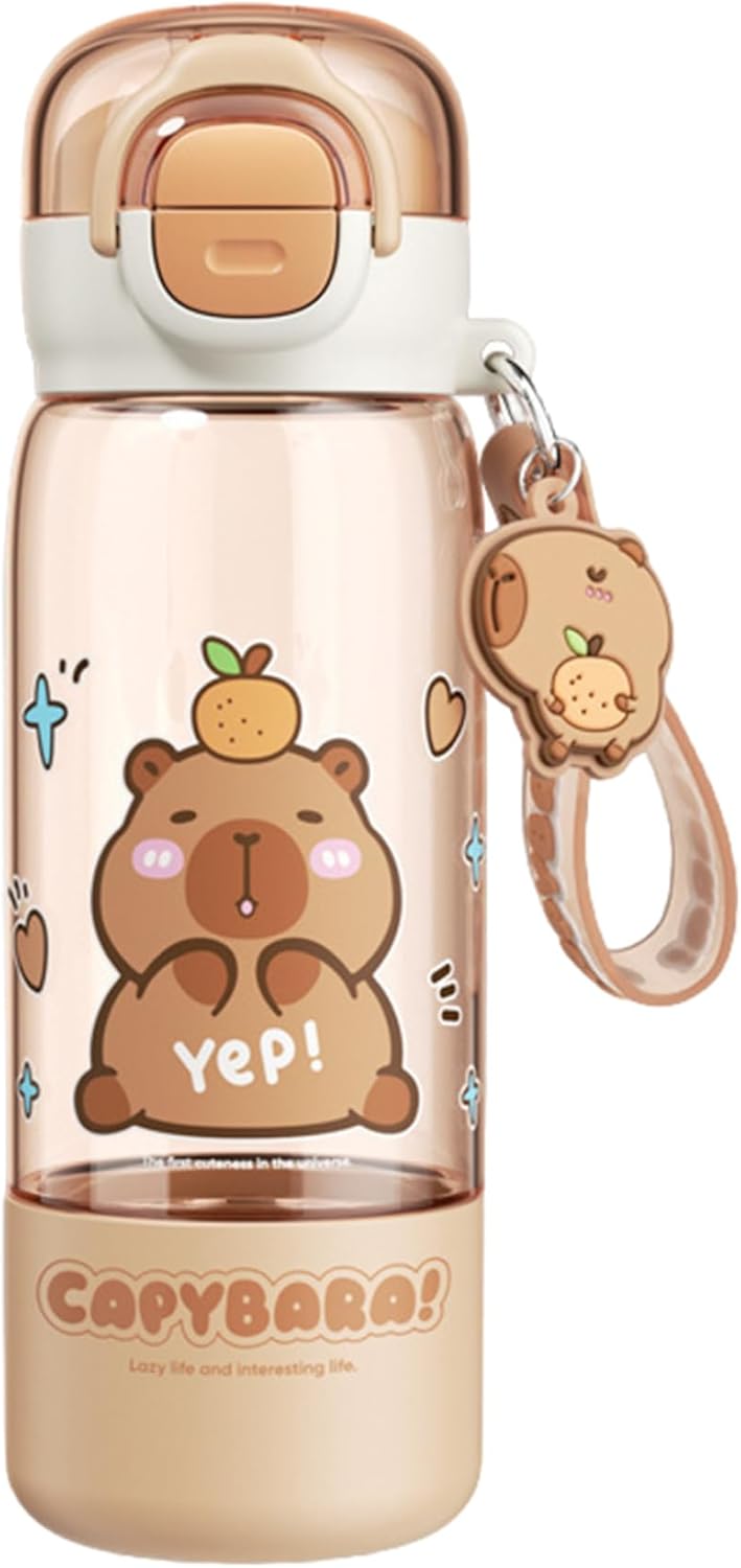 Capybara Water Bottle with Lid & Keychain Cute Water Bottle with Silicone Straw, Drinking Cup & Spout 510ml, with Straw