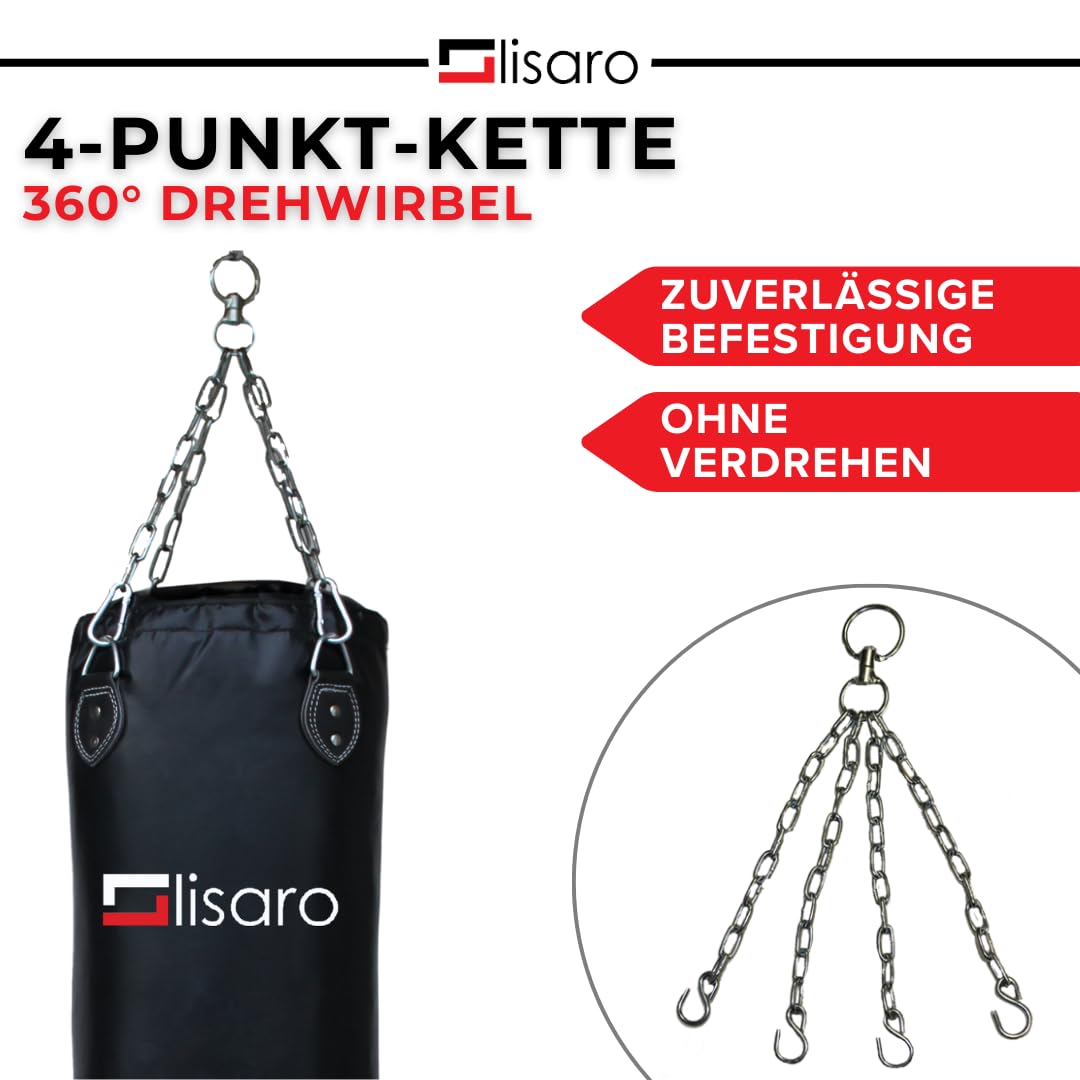 Lisaro Profi Boxsack 120/150 cm gefüllt/ungefüllt | Sandsack in Studioqualität für Boxen, Kickboxen & MMA | Kunstleder (Vinyl) | inkl. 4-Punkt Stahlkette | Schwarz