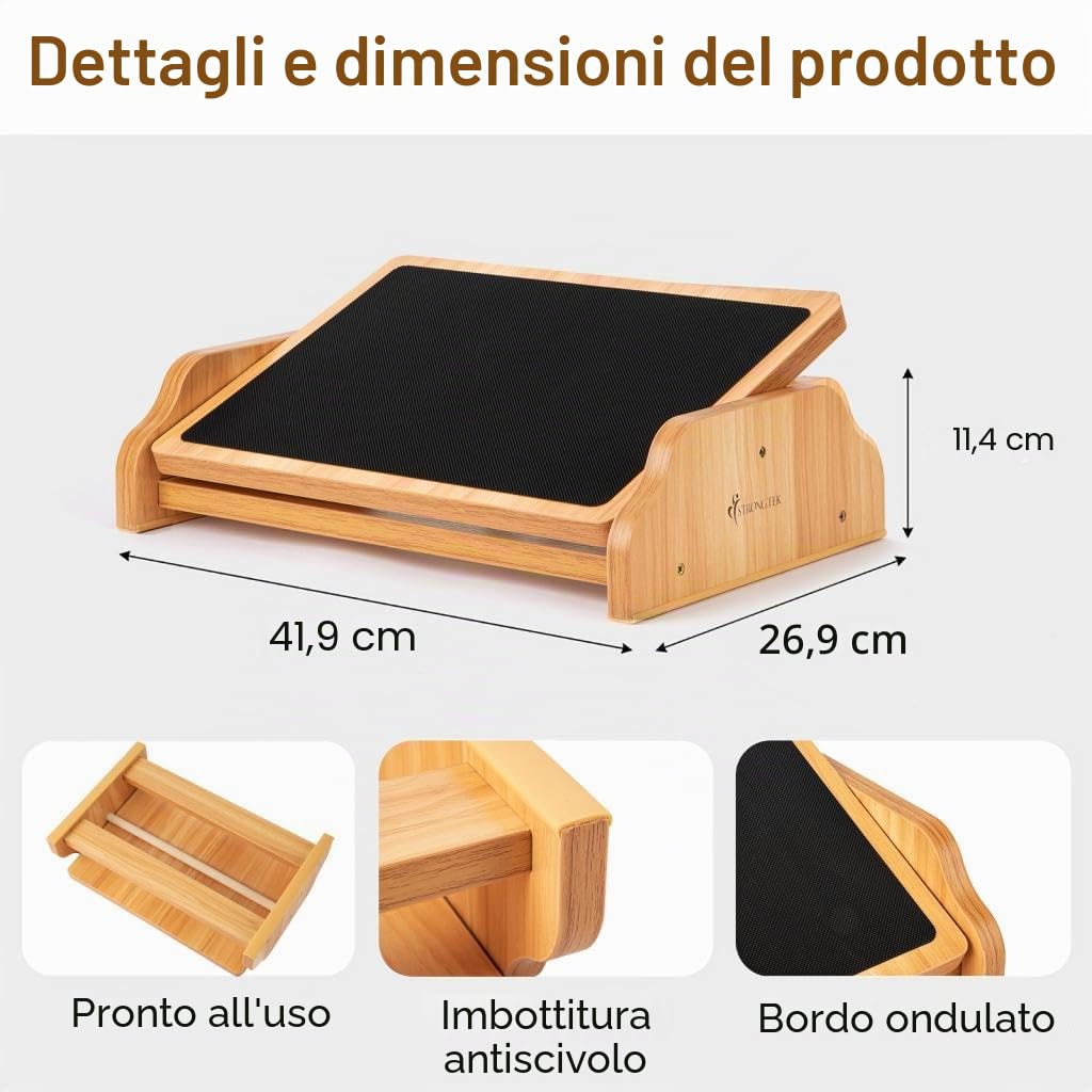 StrongTek Poggiapiedi in Legno Sottoscrivania Basculante 30° | Sgabello oscillante ergonomico con angolo di inclinazione di 30 gradi e superficie antiscivolo per casa e ufficio