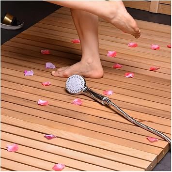 Solid Teak Wood Shower Floor Mat, Square Bath Mat with Anti-Slip Foot & with Center Drain Hole, for Inside Shower/Tiled Floor,20x40in50x102cm