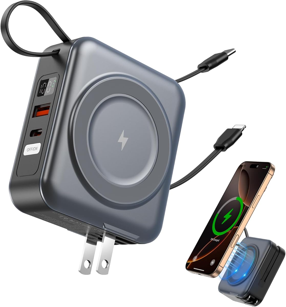 for Magsafe Portable Charger with AC Wall Plug, 6-in-1 Magnetic Wireless Power Bank 10000mAh Built-in Cables, 22.5W Type-C in&Out Fast Charging Battery Pack for iPhone 17/16/15/14/13/12 Series, Gray