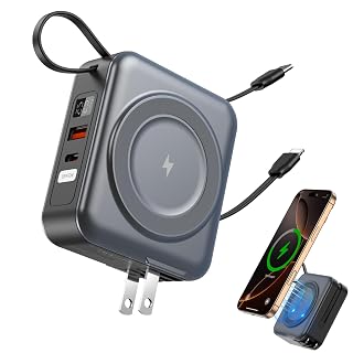 for Magsafe Portable Charger with AC Wall Plug, 6-in-1 Magnetic Wireless Power Bank 10000mAh Built-in Cables, 22.5W Type-C in&Out Fast Charging Battery Pack for iPhone 17/16/15/14/13/12 Series, Gray - Amazon product rated Grade A