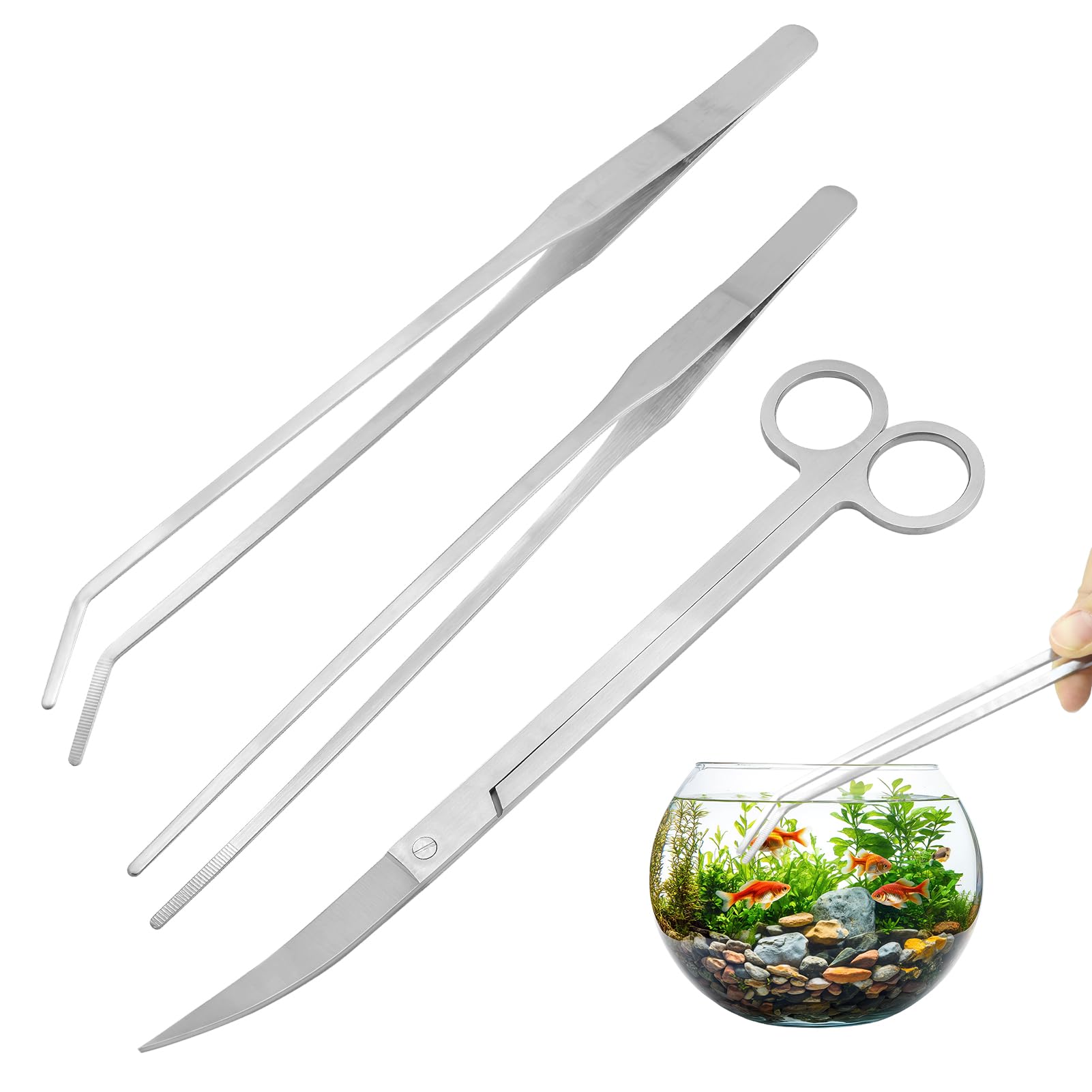 Kit Outils Aquarium, 3 Pièces en Acier Inoxydable Pince Droite Pince Courbe et Ciseaux pour Aquascaping Entretien de Plantes Aquatiques et Nettoyage de Terrarium Antirouille et Précis