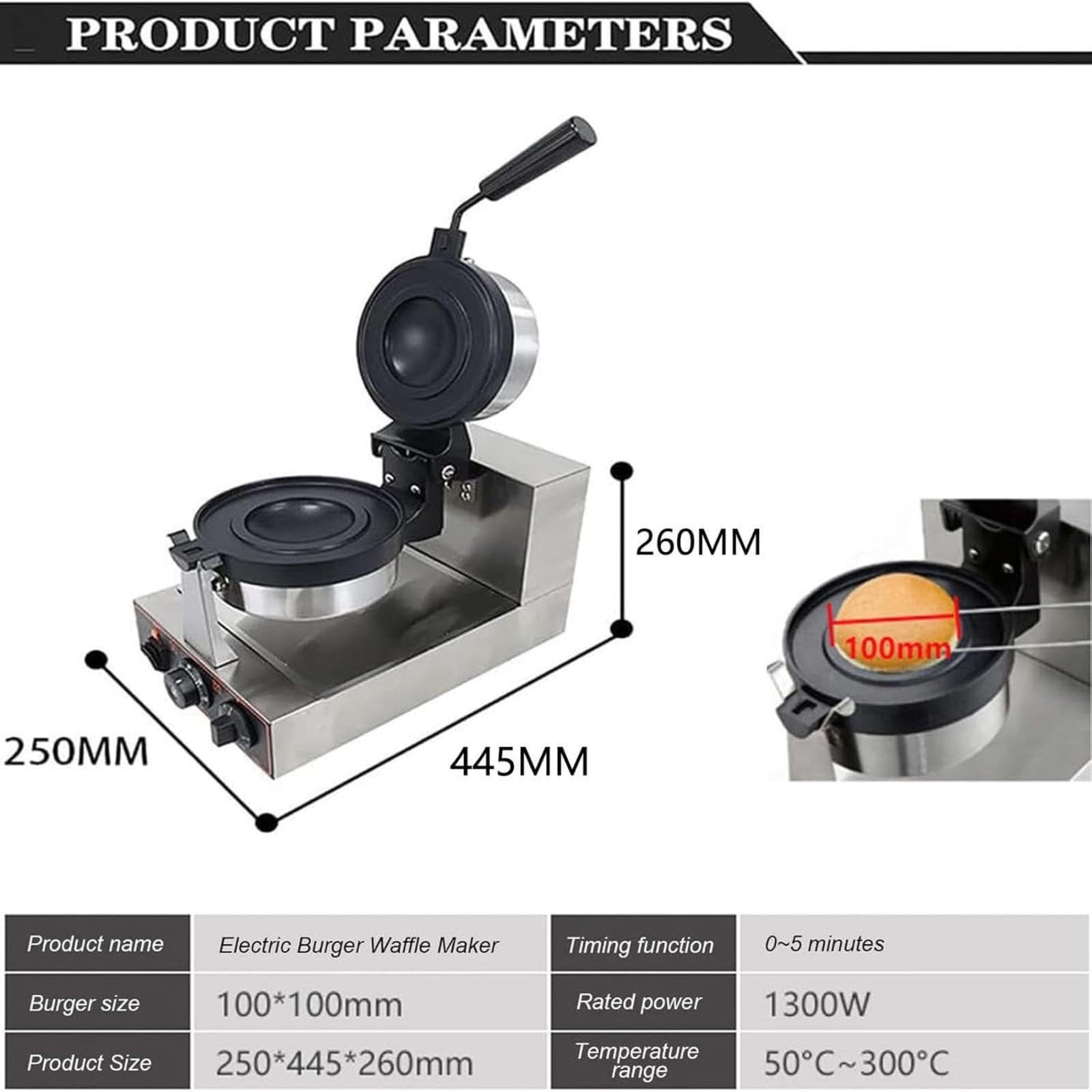 Máquina para hacer hamburguesas, prensa eléctrica comercial para hamburguesas, waflera, calentamiento por ambos lados (50-300 °C), control de temperatura, temporizador de 5 minutos (500 x 39