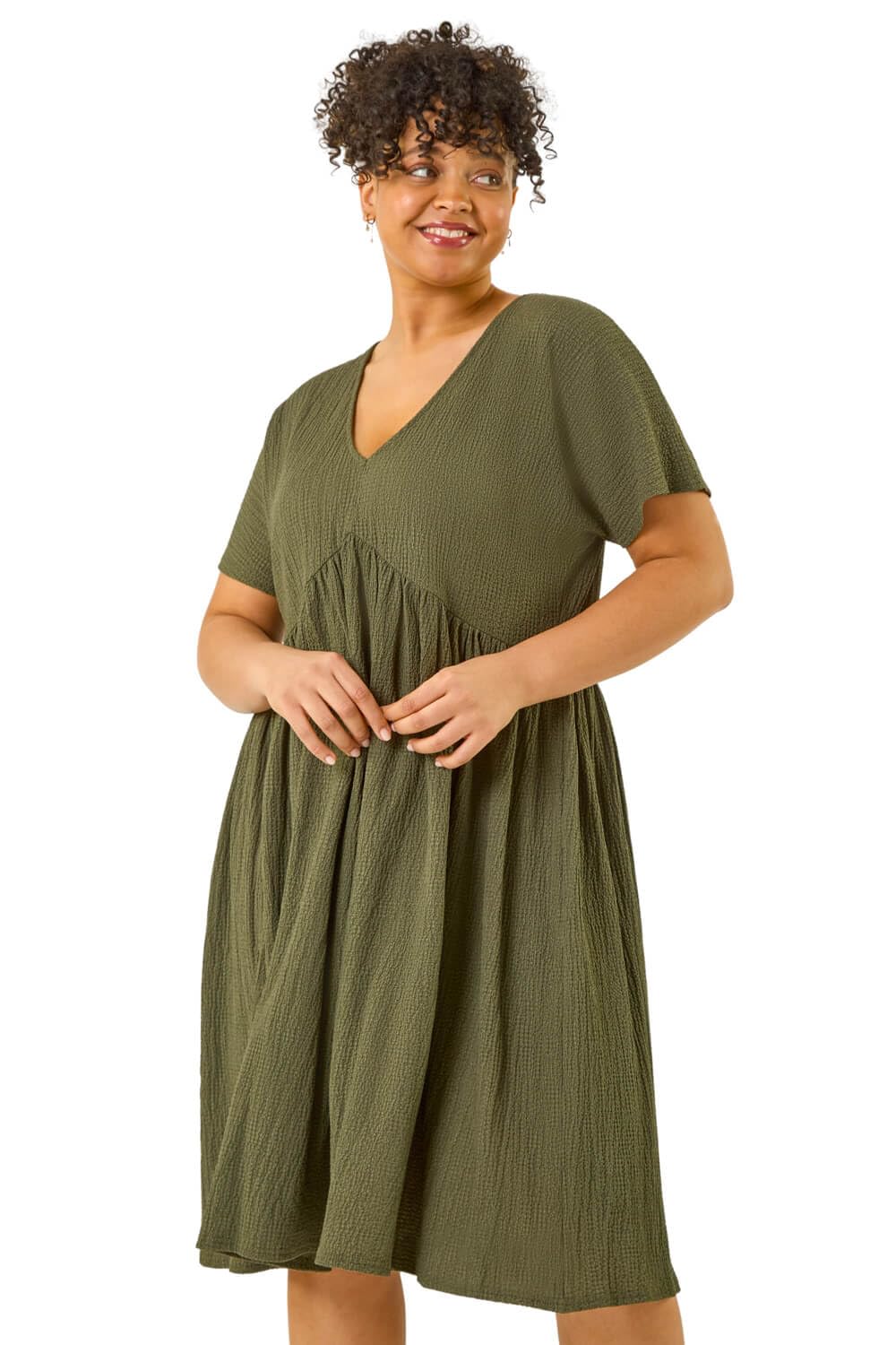Roman Originals Women's Green Plus Roman Curve Textured V-Neck Stretch Dress For Uk - Everyday Holiday Spring Summer V-Neckline Comfy Soft Evening Vacation Work Party - Size 20
