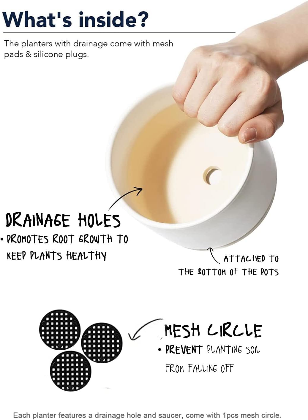 Ceramic Plant Pots with Drainage Hole and Saucer,Modern Indoor Pots for Plants,Ceramic Planter 4.3/5.3/6.7 inchs Set of 3,Indoor Flower Pot with Hole Mesh Pad, for Mom,White