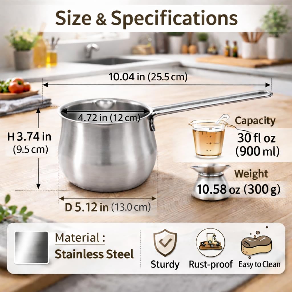 0.95 qt Turkish Coffee Pot [Made in Japan] 30.5 fl oz Butter Melter 304 Stainless Steel Milk Boiler Mini Saucepan with Pour Spout Milk Pot for Stove