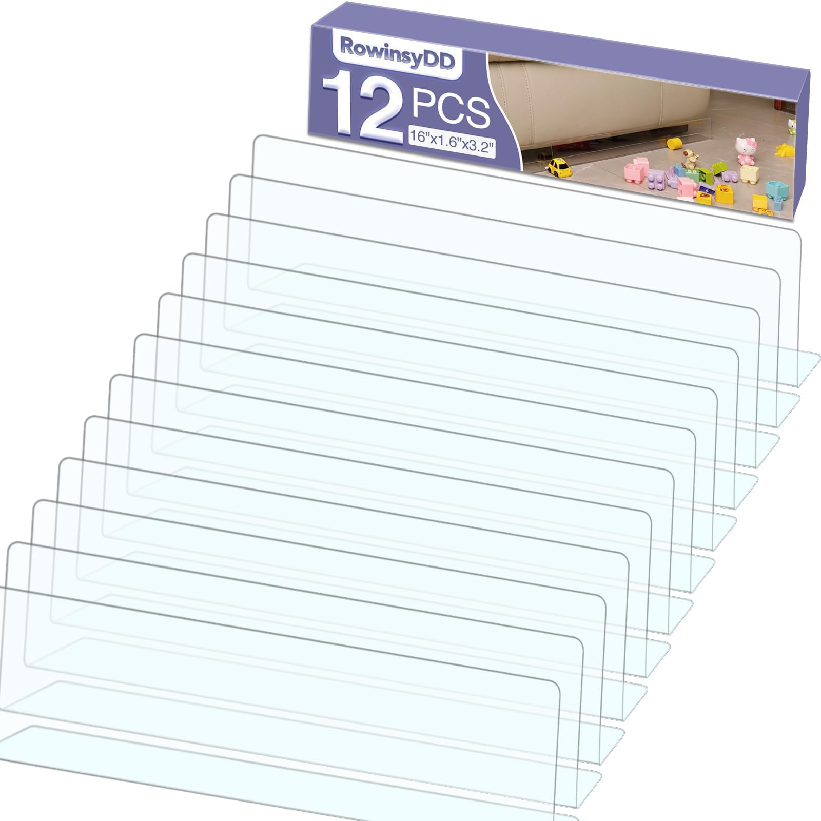 RowinsyDD 12 Pack Toy Blocker for Furniture, Clear Under Couch Blocker, Stop Things Going Under Sofa or Bed, 16" L x 3.2" H, Adjustable Gap Bumper for Furniture with Strong Tape