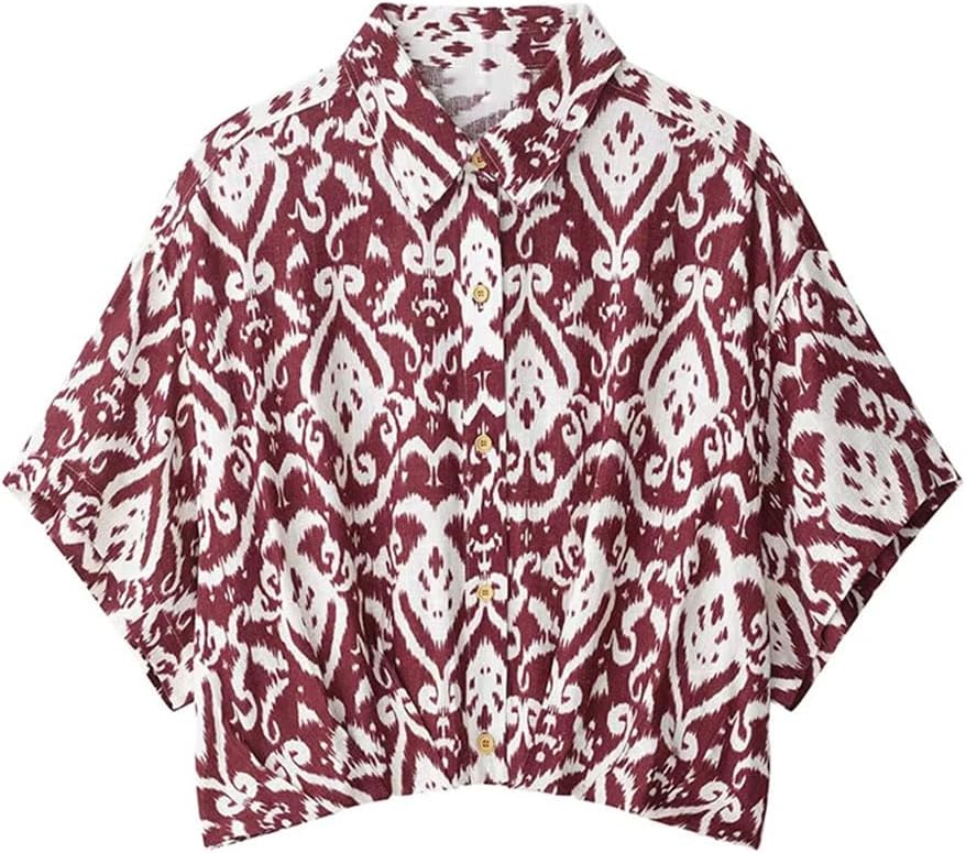Women's Printed Single Breasted Cropped Vintage Lapel Shirt