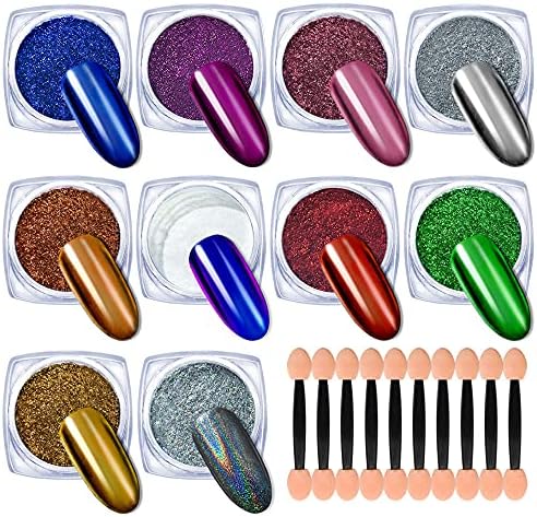 Yagoyan 10 Jars Chrome Nail Powder Kit with Holographic Nail Powder/ Chameleon Metallic Nail Pigments with Eyeshadow Applicators, Nail Art Glitters for Chrome Nail Polish Mirror Effect