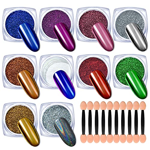 Yagoyan 10 Jars Chrome Nail Powder Kit With Holographic Nail Powder/ Chameleon Metallic Nail Pigments With Eyeshadow Applicators, Nail Art Glitters For Chrome Nail Polish Mirror Effect #TOP1