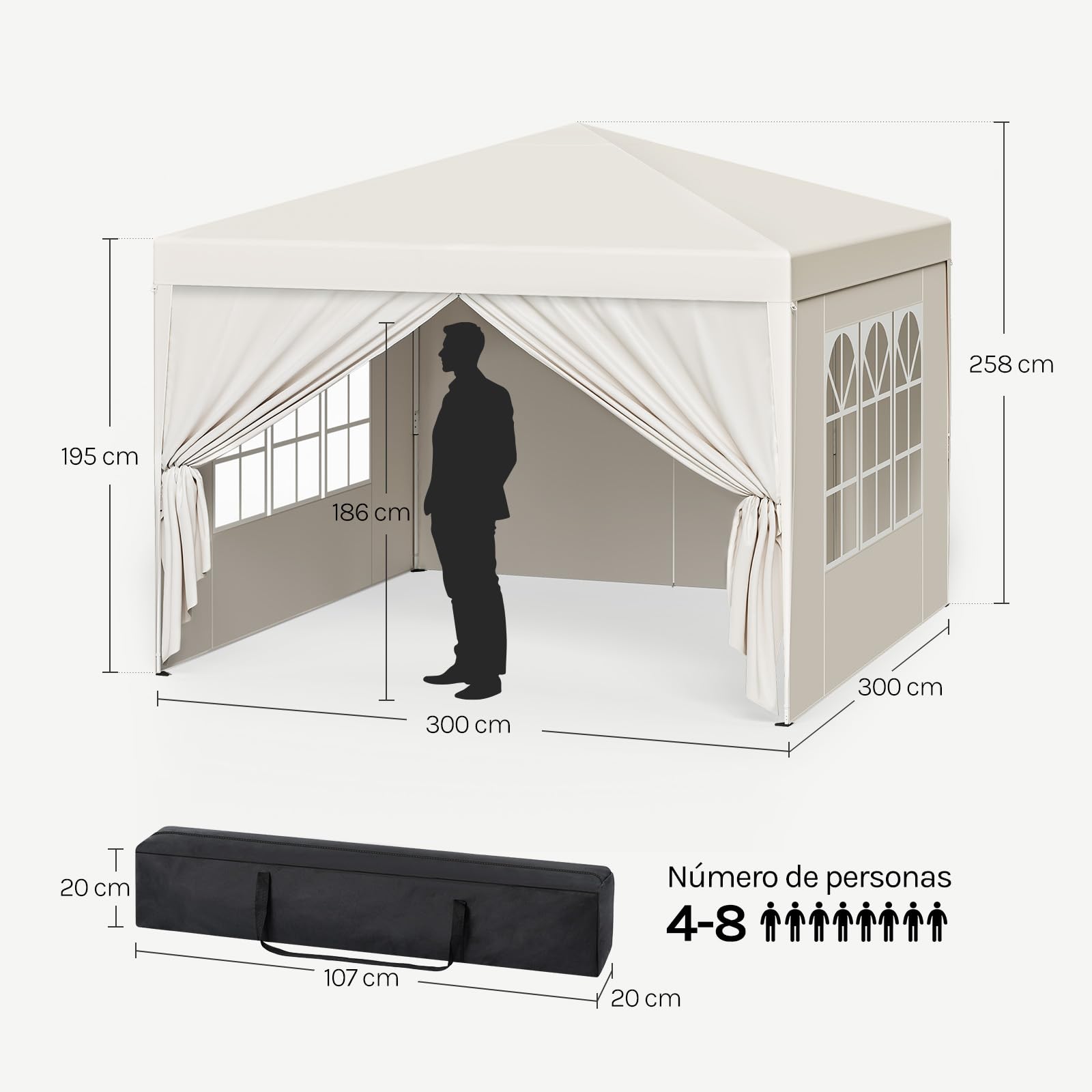 WOLTU Pabellón de Jardín Cenador Pérgola con Diseño Pop Up Carpa con Cubierta Tela Oxford Hecho de Tubos Metálicos, para Camping y Playa, Blanco, Beis