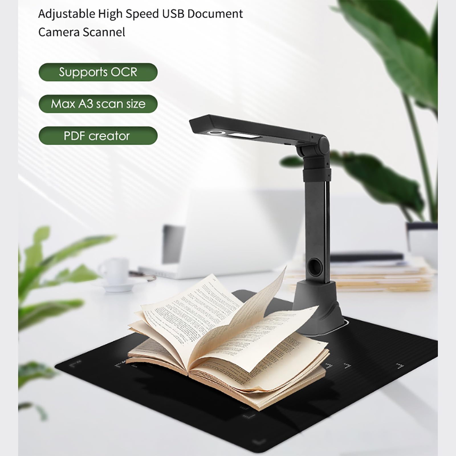 Scanner per Documenti Portatile, Scanner per Libri con Luce Riempimento a LED, 12 Milioni Pixel, Formato A3/A4, Messa a Fuoco Fissa Automatica, Scansione Fisica, Utilizzato in Sale Aziendali