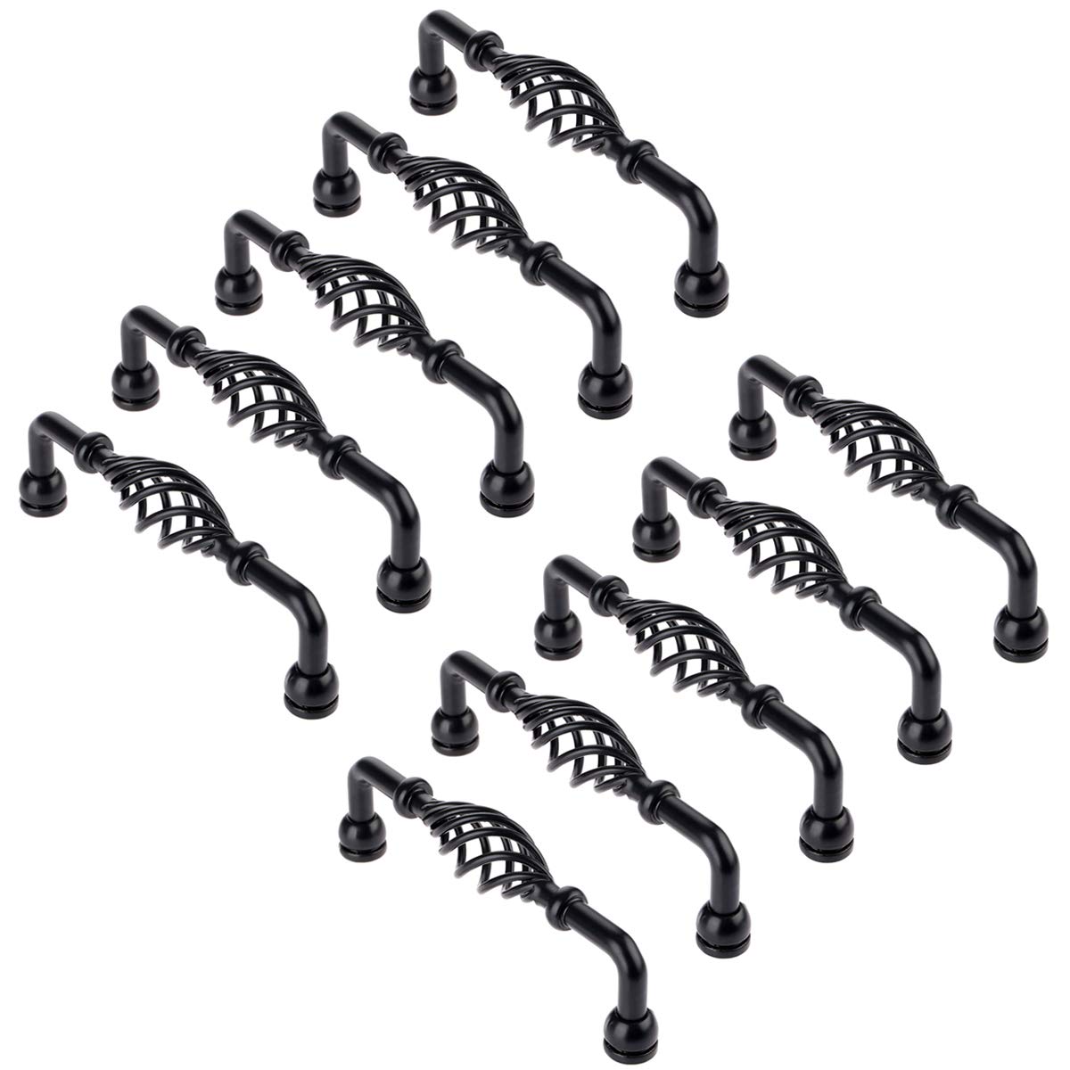 10 maniglie in ferro a forma di gabbia per uccelli in stile mediterraneo con design a spirale per cassetti, armadietti, porte, maniglie per mobili da cucina, colore nero, accessori decorativi vintage