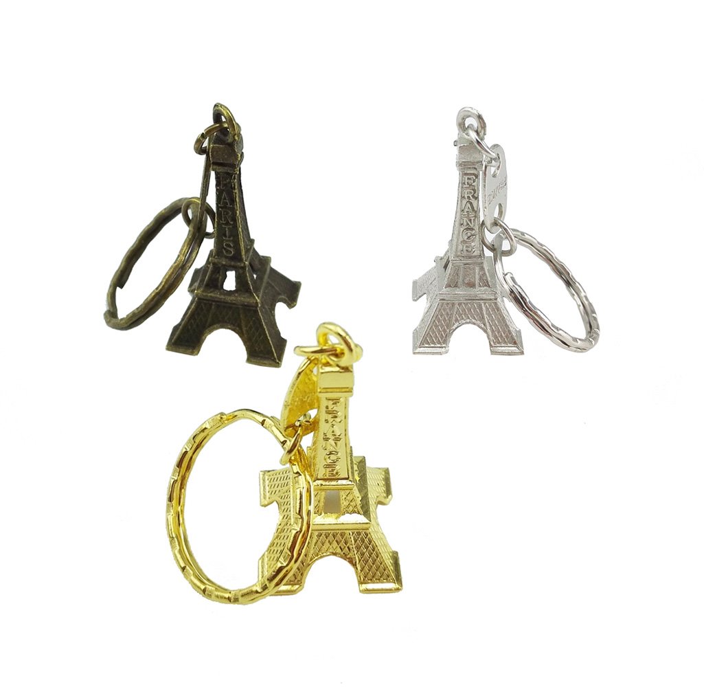 yueton Pack of 12 Cute Adornment Mini Eiffel Tower French Souvenir Paris Keychain Retro Key Holder Metal Split Key Ring (3 Different Color)