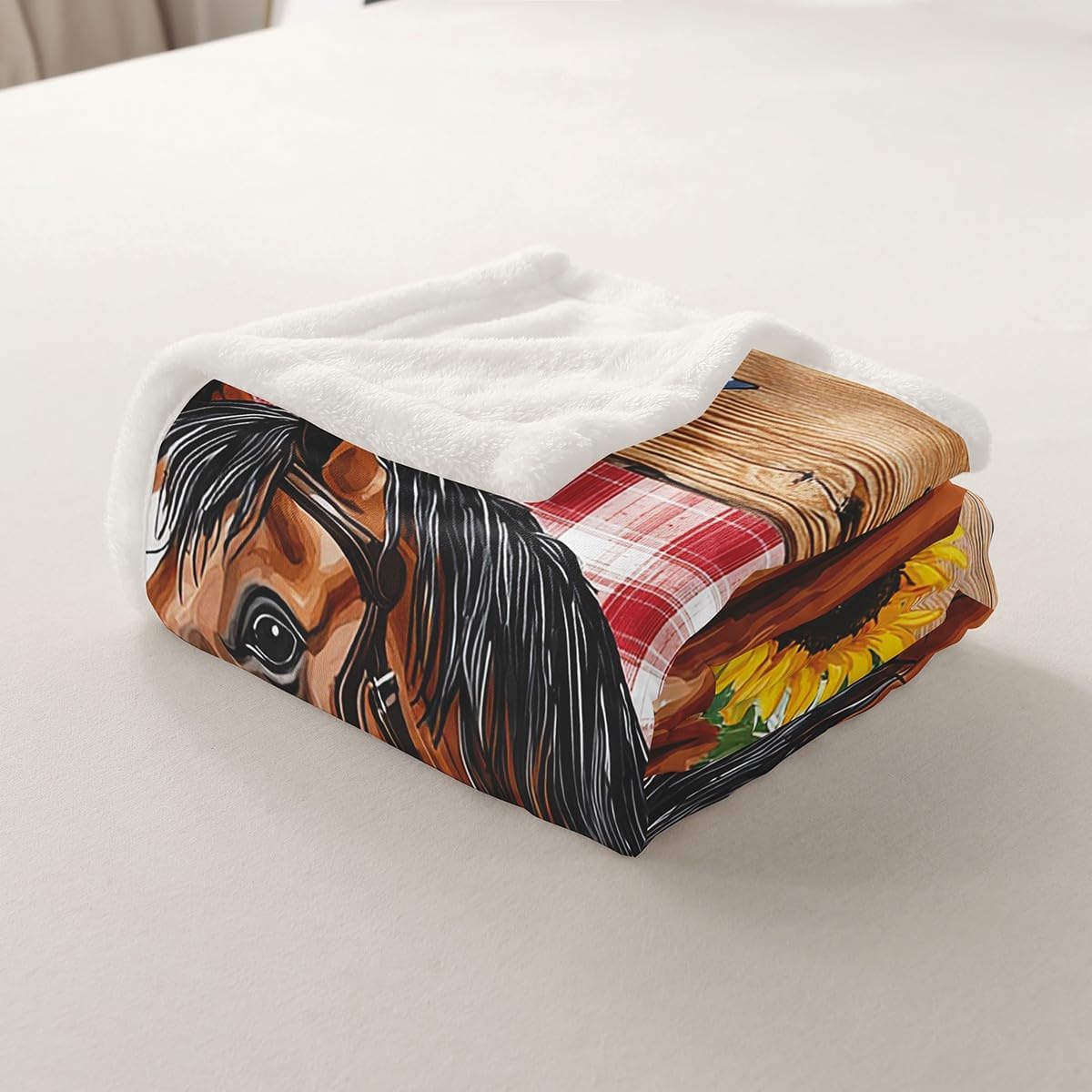 Sunflower Horse Throw Blanket for Bed Couch Throw 50"X60",Western Texas Stars Horseshoe Fleece Blanket Rustic Farmhouse Cabin Retro Red Buffalo Plaid Checkered Blanket Farm Animal Sherpa Blanket