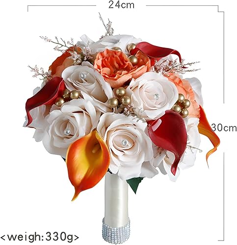 Miniatura 2 de Ramo de boda de lirio de cala rosa de 9.4 pulgadas, naranja champán, novia, dama de honor, celebración de lanzamiento, tiro de flores, diamantes de