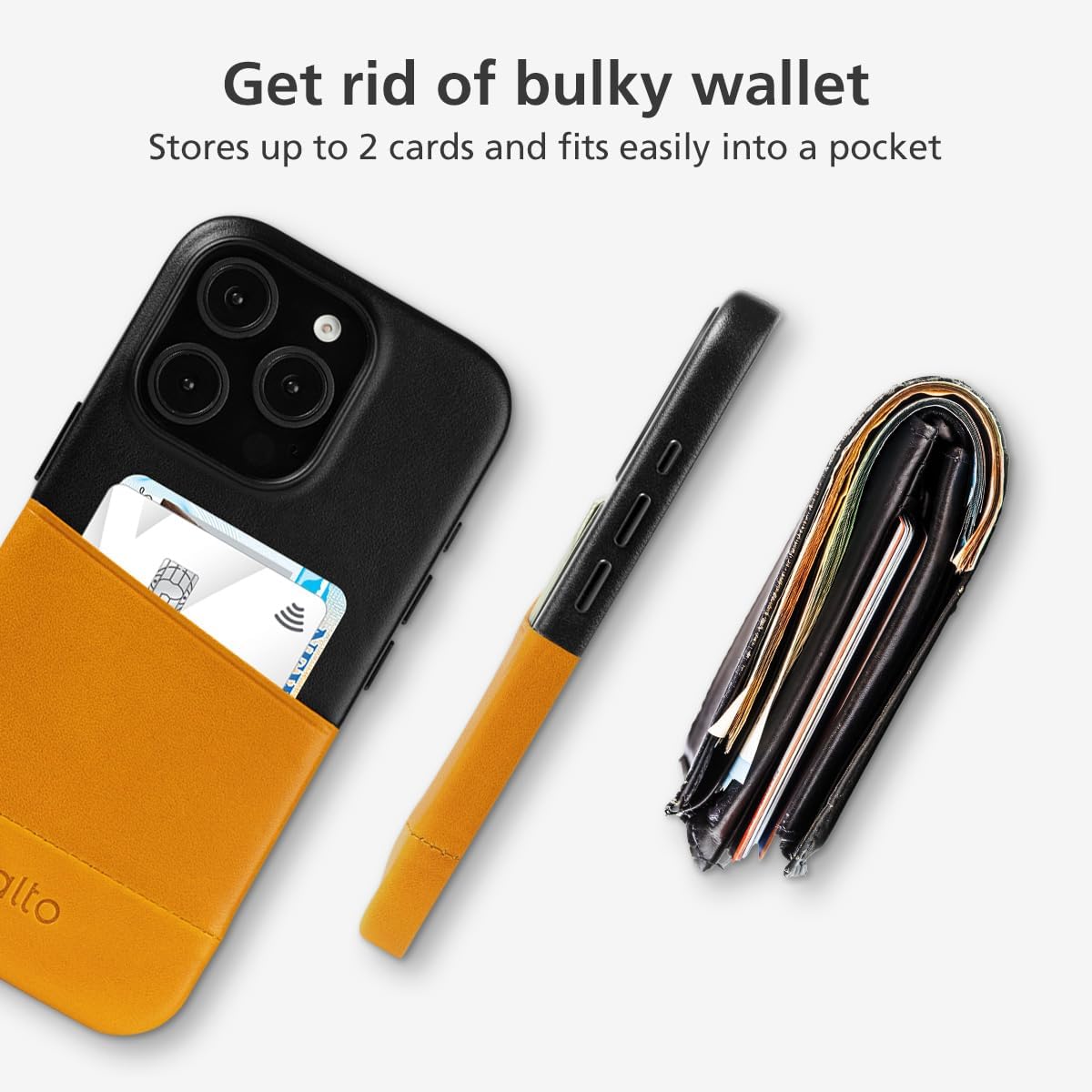 alto Leather Card Case Compatible with iPhone 16 Pro Max 2024, Metro Series Italian Leather Wallet Card Holder Shockproof Case (iPhone 16 Pro Max, 6.9 inch, Caramel Brown and Black)
