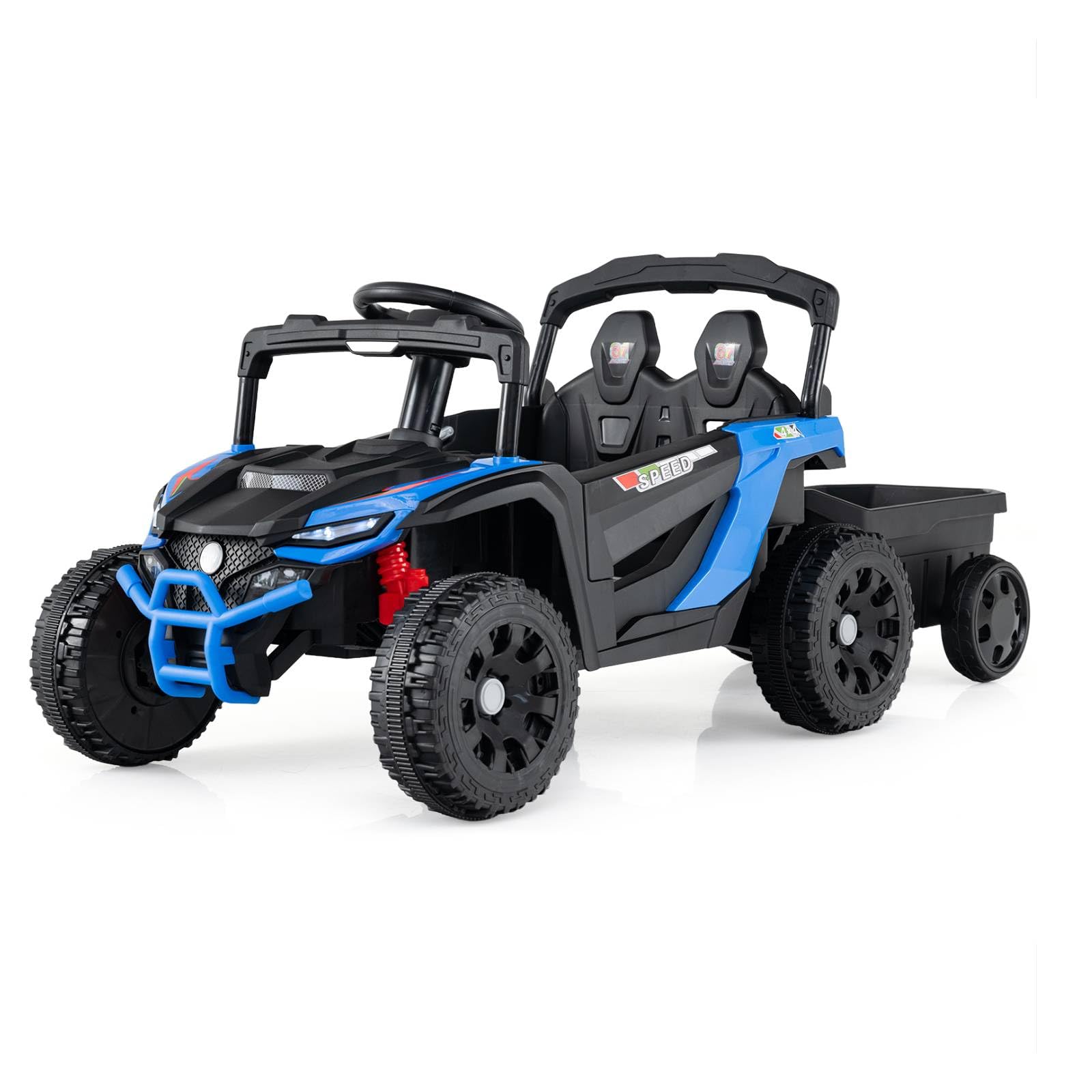 COSTWAY Kids Ride on Tractor with Trailer, 12V Electric Vehicle with Remote Control, Spring Suspensions, Light & Music, Dual Motors Battery Powered Ride on Car for 3+ Years Old (Black + Blue)