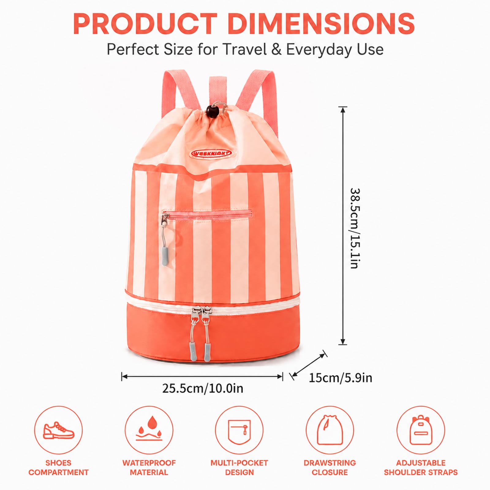 dellyy Mochila de Natación para Niños, Mochila Piscina Niña Impermeable con Compartimento para Zapatos, Bolsa de Natación für Pool, Strand und Reisen (Polvo de naranja)