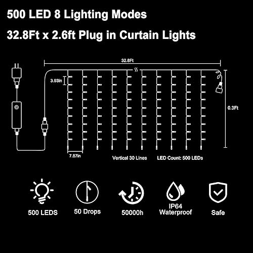 Miniatura 7 de 500 luces LED para cortina, 33 x 3 pies, impermeable, para colgar en la ventana, con temporizador remoto, para exteriores, dormitorio, fiesta,