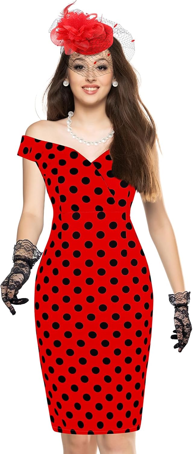 JenPen 5 Pcs Tea Party Dresses Vintage Rose Polka Dot Dress 1950s Derby Pencil Bodycon for Women Ladies Party Attire - Image 6