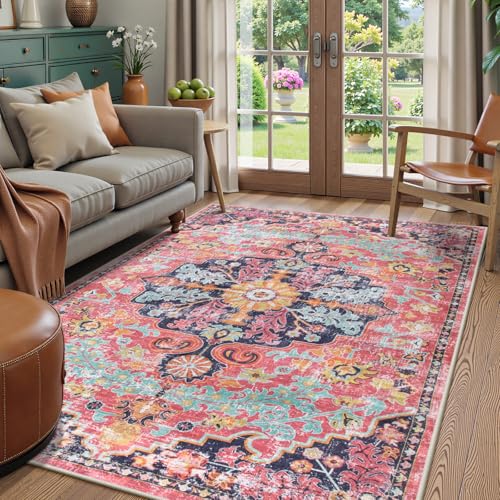 Lahome 5x7 Boho Living Room Rug Colorful Bedroom Rug, Large Bohemian Nursery Rugs, Hot Pink Non-Slip Machine Washable Soft Playroom Mat Indoor Floor Accent Carpet for Dining Table Mud Room 5
