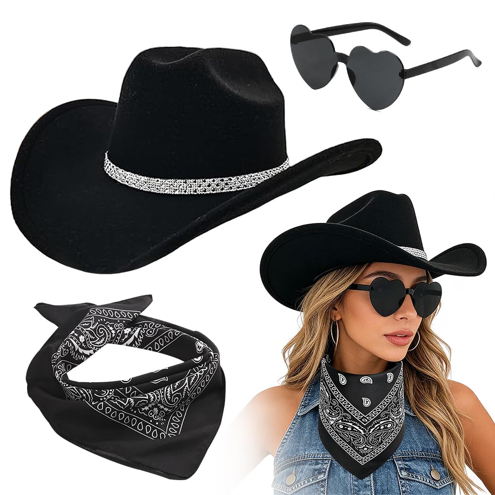 FCXVXCL Sombrero Vaquera 3 Piezas Sombrero de Vaquero Accesorios Sombreros Vaquero del Oeste Traje Sombreros Vaquera con Pañuelo Cuadrado y Gafas para Disfraz Vacaciones Fiesta — view 9