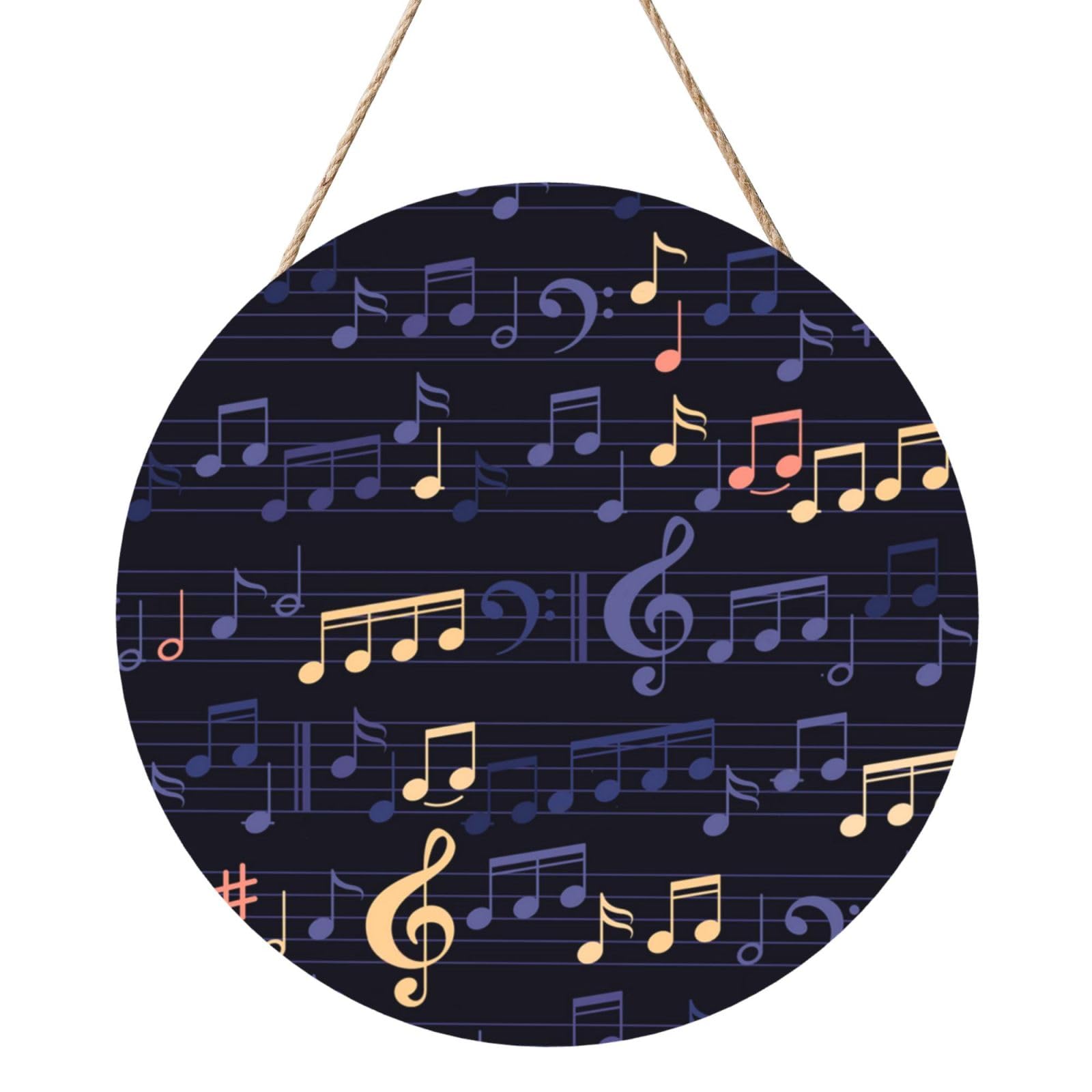 InOmak Music-Seamless-Pattern, Round Wood Panel Painting 12 in, Wall Hanging Painting For Home