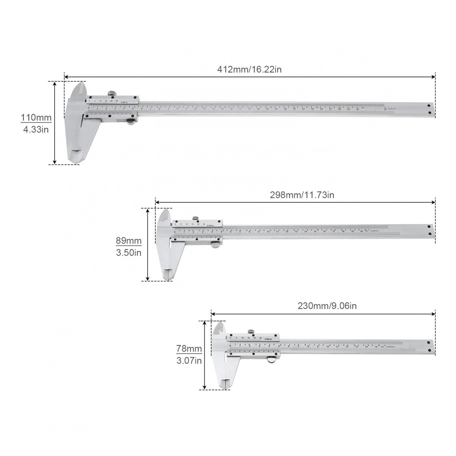 Calibrador Vernier métrico Imperial de Doble Escala, calibrador Vernier Deslizante de Acero al Carbono, Regla, Herramientas de Medida, 150mm, 200mm, 300mm, 1 ud.(300mm)