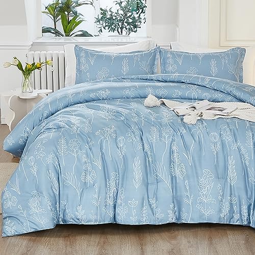 Litanika Grayish Blue Comforter Set Full, Full Size Comforter Sets Cute Floral Lightweight Bedding Comforter Sets 3 Pieces Gift Choice Flowers Botanical Bed Set (1 Comforter, 2 Pillowcases)