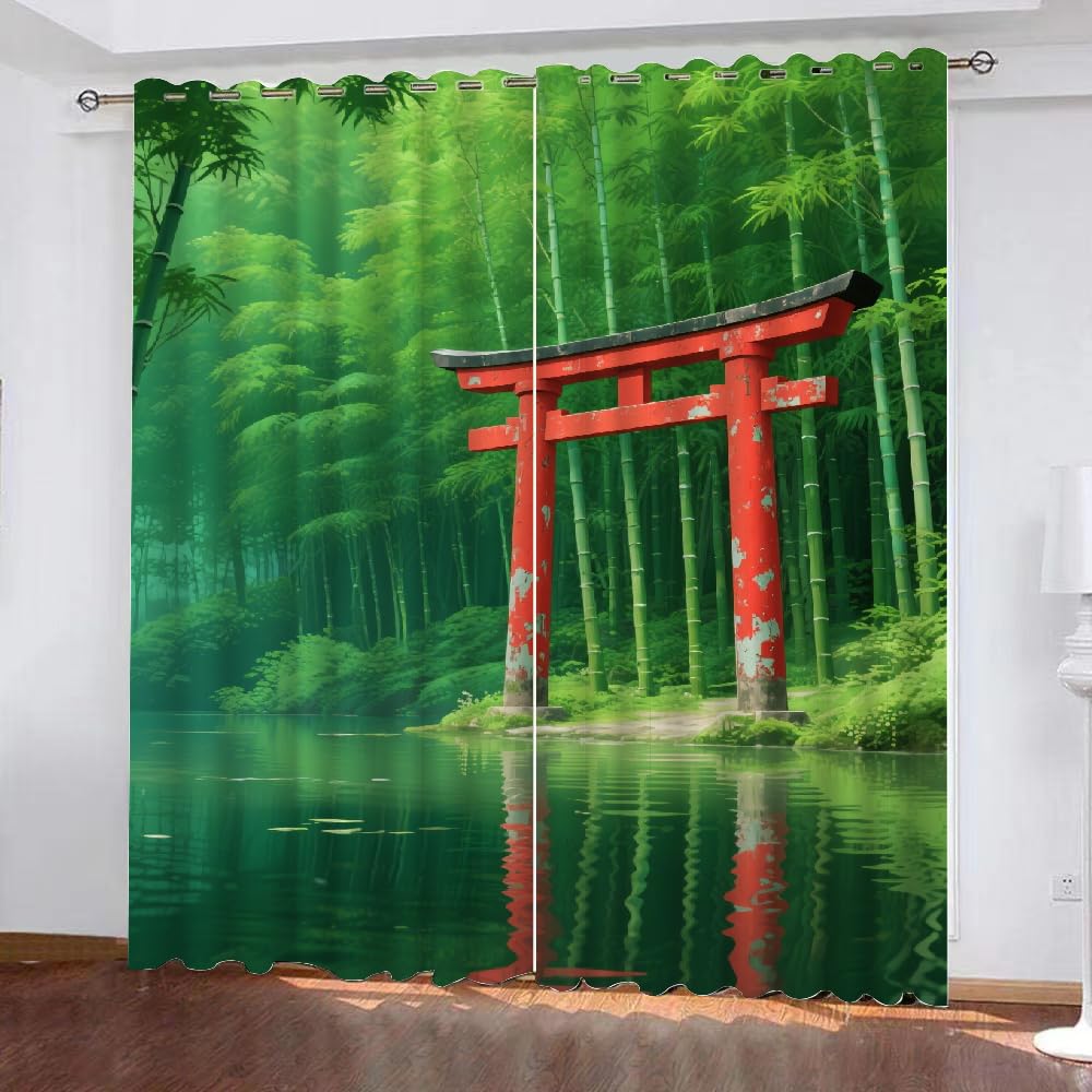 Forêt De Bambous Draperies Occultant, Culture Japonaise Rideaux Salon, Plantes Vertes Panneaux De Rideaux Intérieurs, Forêt De Bambous Chambre Décoration Fenêtre L 140 X H 220Cm 2 Panneaux