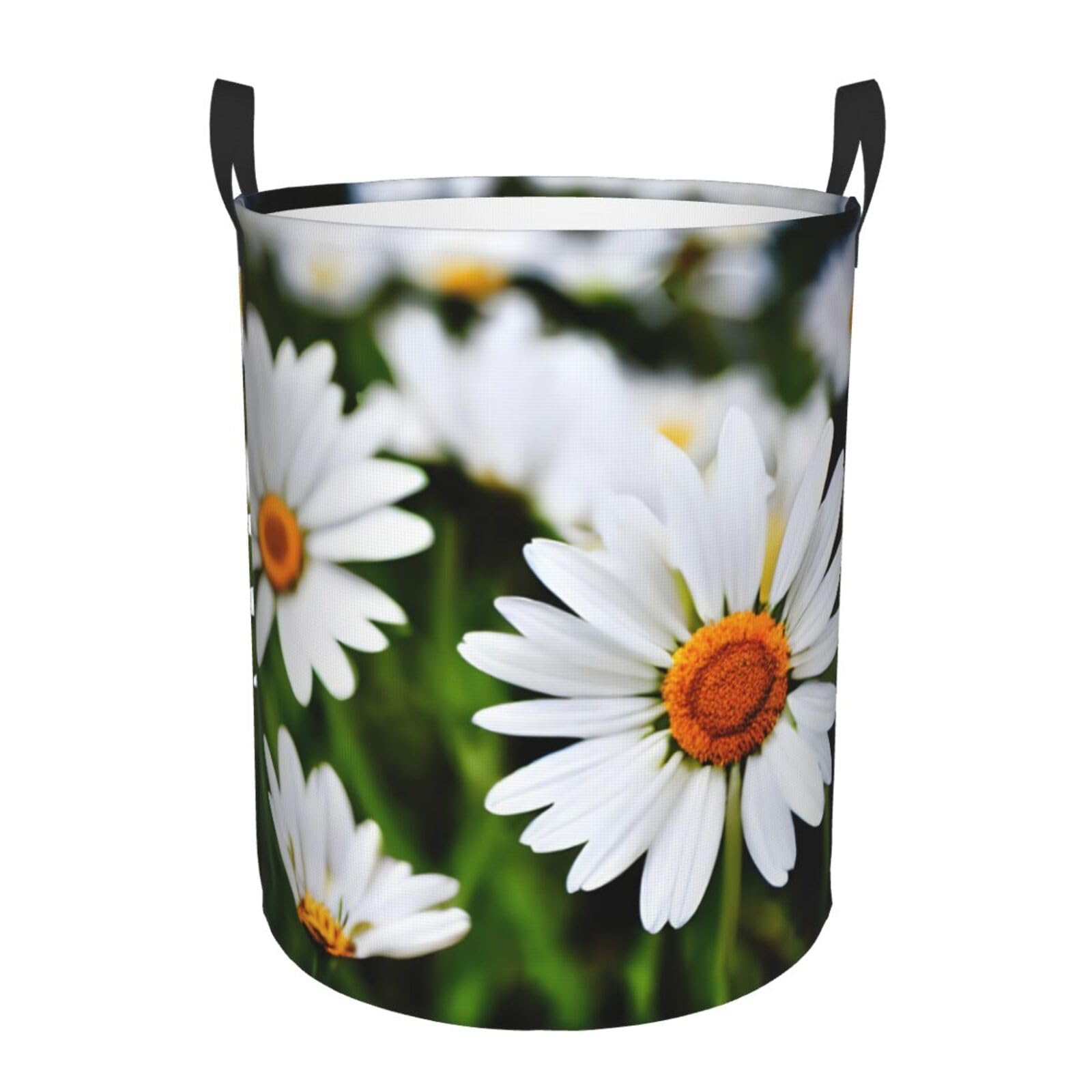 M Collapsible Laundry Hamper Round White Daisy Flowers Print Storage