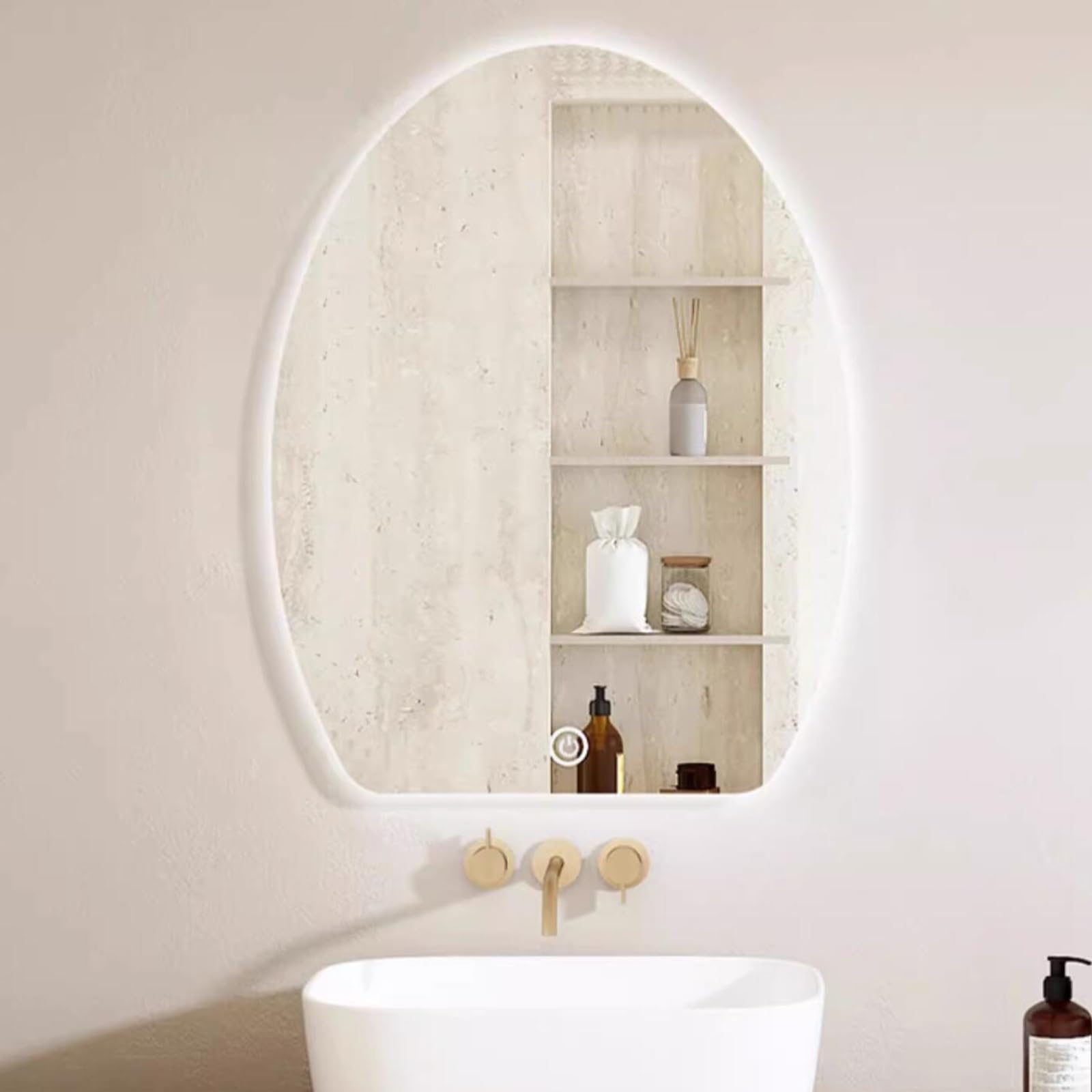 Bathroom Mirror with LED Lights, Irregular Oval Wall Frameless with 3 Colour Touch Control(60x80cm/23.6x31.5in)